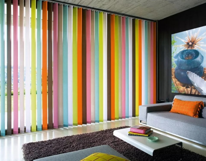 multicolored blinds in the living room