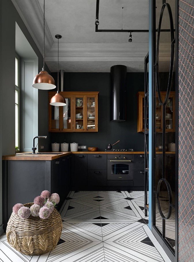 black and white floor in the kitchen