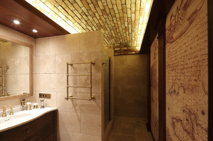 brick ceiling in the bathroom interior