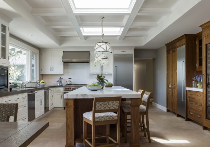 coffered ceiling in the kitchen interior