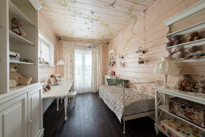 clapboard on the ceiling in the interior of the children's room