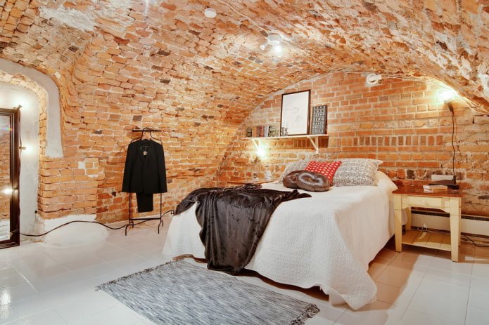 brick ceiling in the bedroom interior