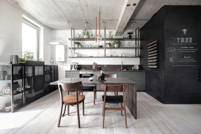 concrete ceiling in the kitchen interior