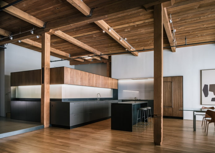 wooden ceiling in the kitchen interior