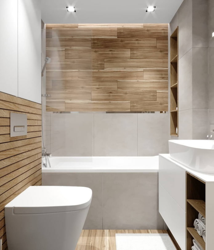 horizontal wood-look tiles in a small bathroom