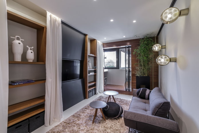 Built-in shelves with curtains