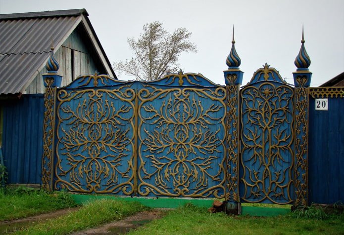 wooden gates with carved elements