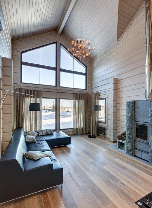 narrow living room with a high ceiling