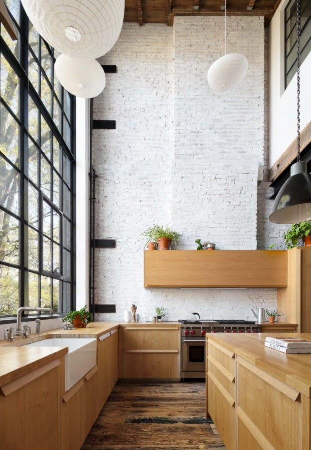 kitchen with ceiling-high windows