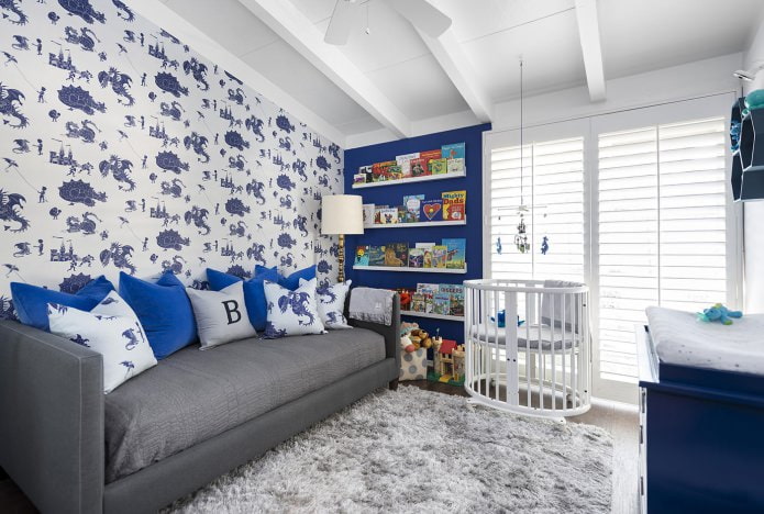white and blue wallpaper with a pattern in the children's room