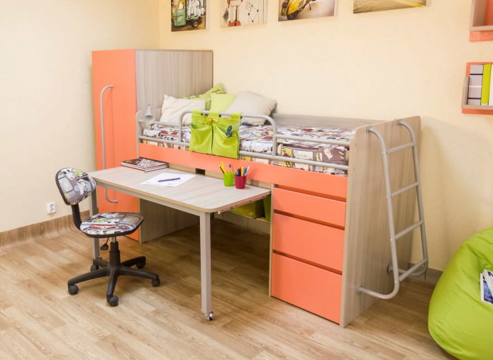 pull-out desk built into the bed