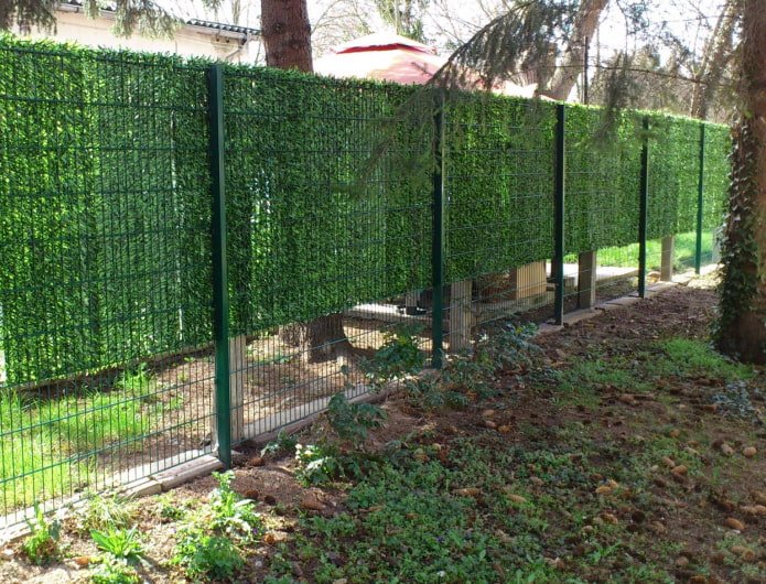 artificial pine needles in a chain-link fence