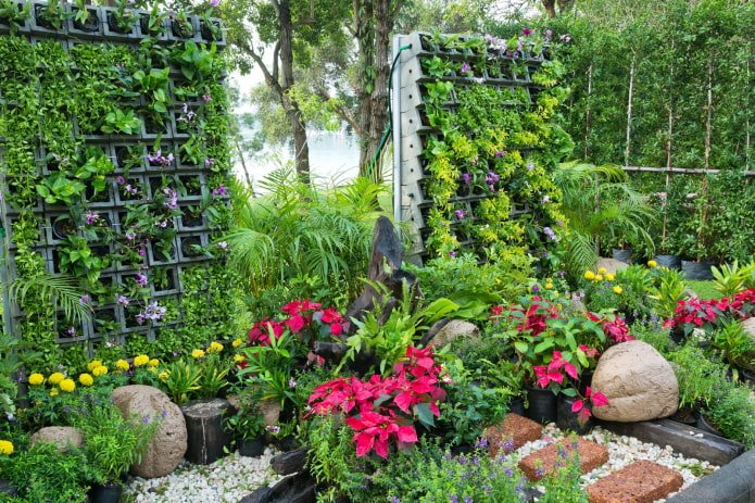vertical flowerbed made of blocks