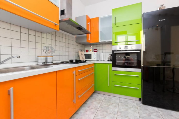 kitchen interior in green and orange tones