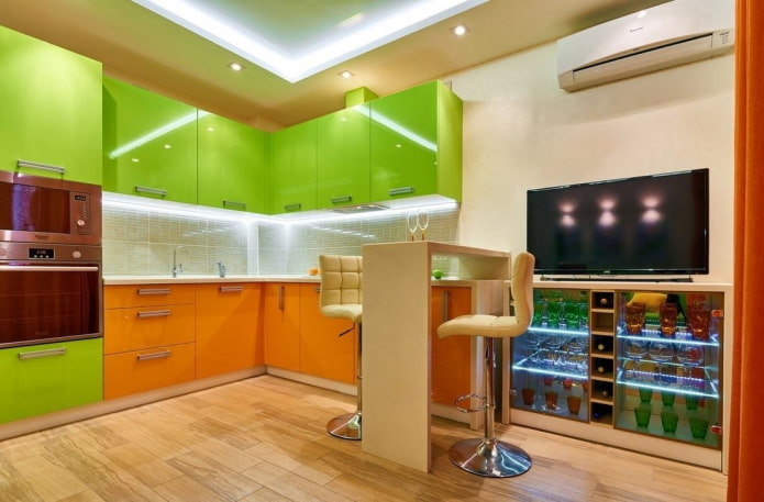kitchen interior in green and orange tones