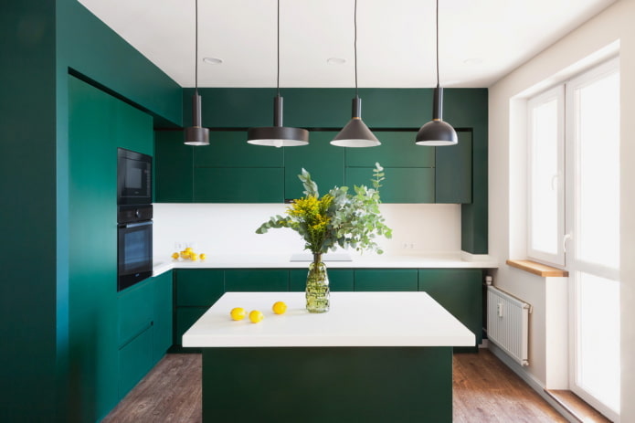 kitchen design in dark green tones