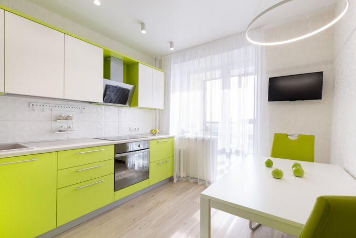 kitchen design in white and green tones