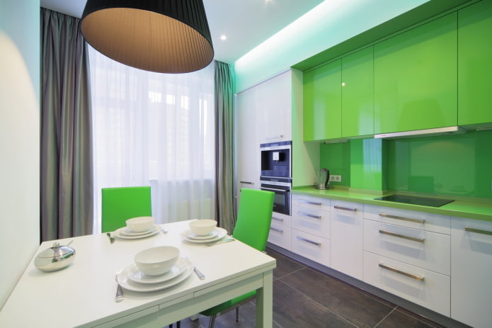 kitchen design in white and green tones