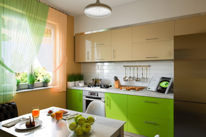 kitchen interior in beige and green tones
