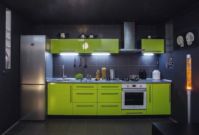kitchen interior in black and green tones
