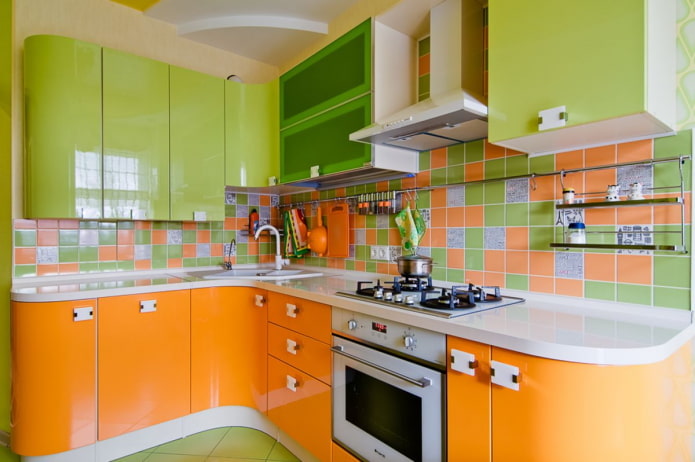 kitchen interior in green and orange tones