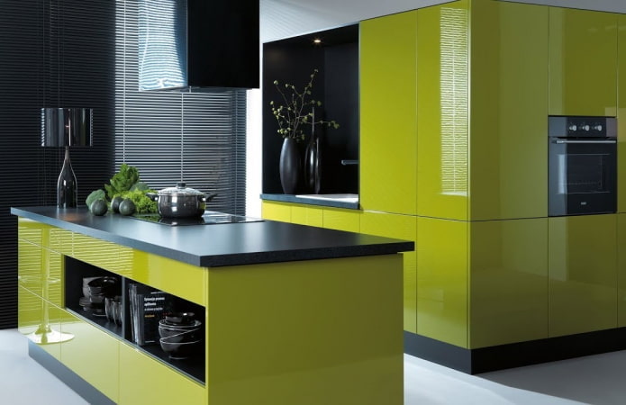 kitchen interior in black and green tones