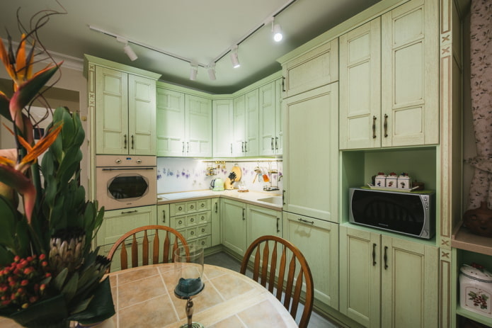 kitchen design in pale green tones