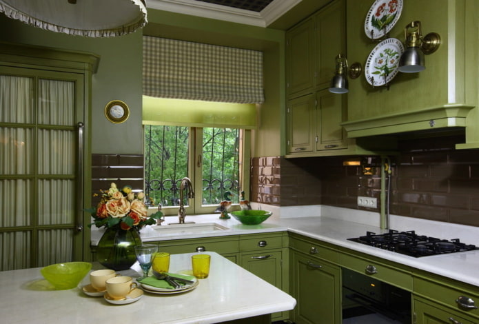 curtains in the kitchen interior in green tones