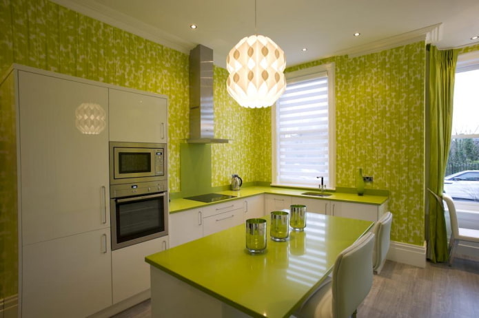 lighting and decor in the kitchen interior in green tones