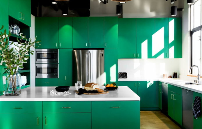 furniture in the kitchen interior in green tones