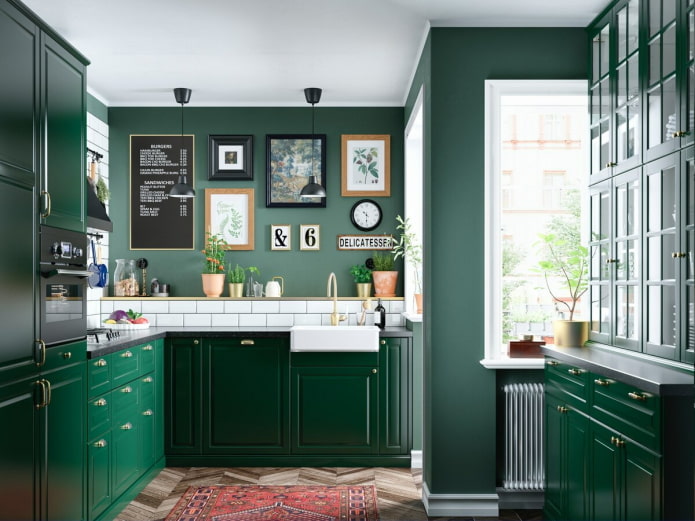 lighting and decor in the kitchen interior in green tones