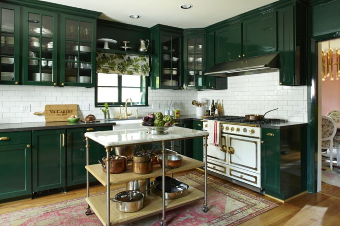 kitchen design in dark green tones