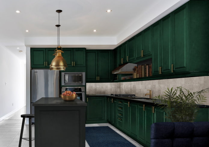 kitchen design in dark green tones