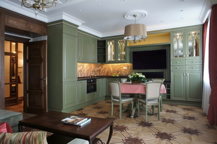 kitchen in green tones in classic style