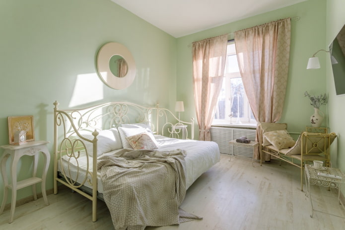 curtains in the bedroom interior in green tones