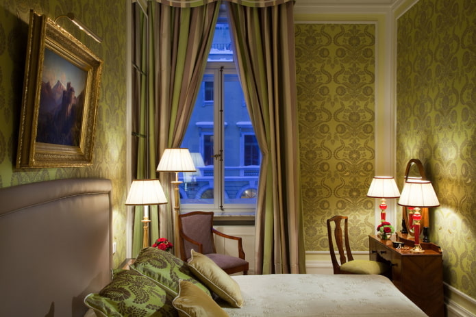 bedroom interior in olive shades