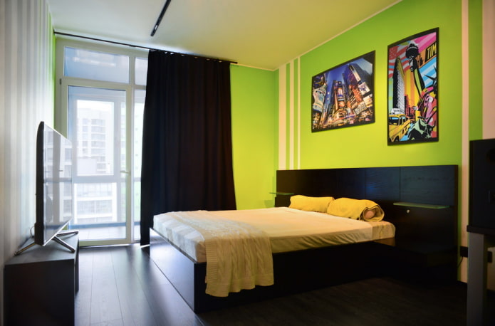curtains in the bedroom interior in green tones