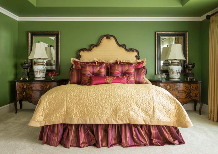 furniture in the interior of the bedroom in green tones