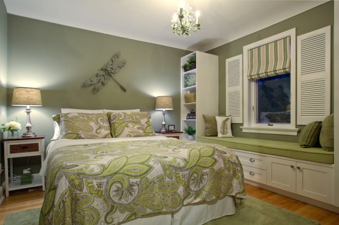 furniture in the interior of the bedroom in green tones