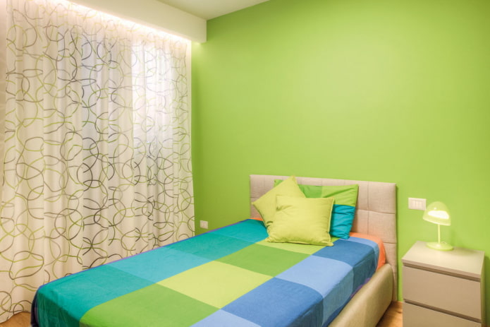 curtains in the bedroom interior in green tones