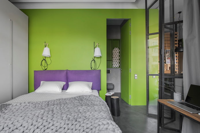 color combination in the interior of the bedroom in green tones