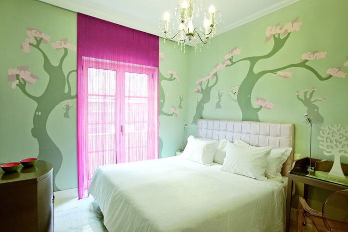 curtains in the bedroom interior in green tones