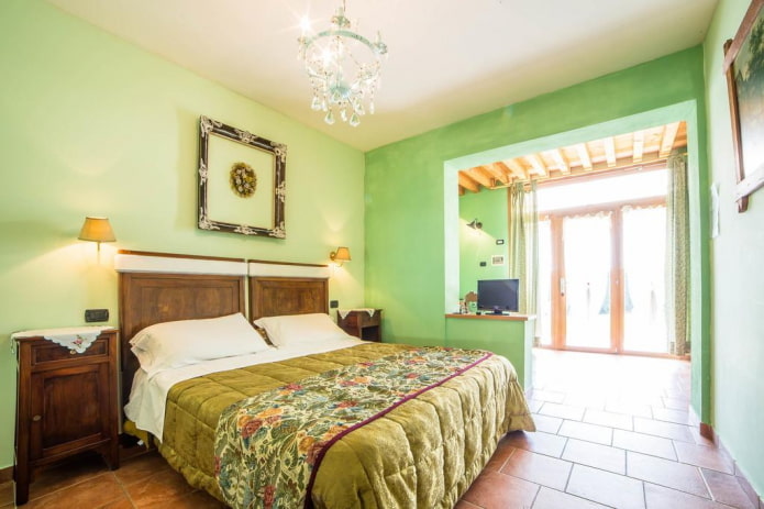 bedroom interior in light green tones
