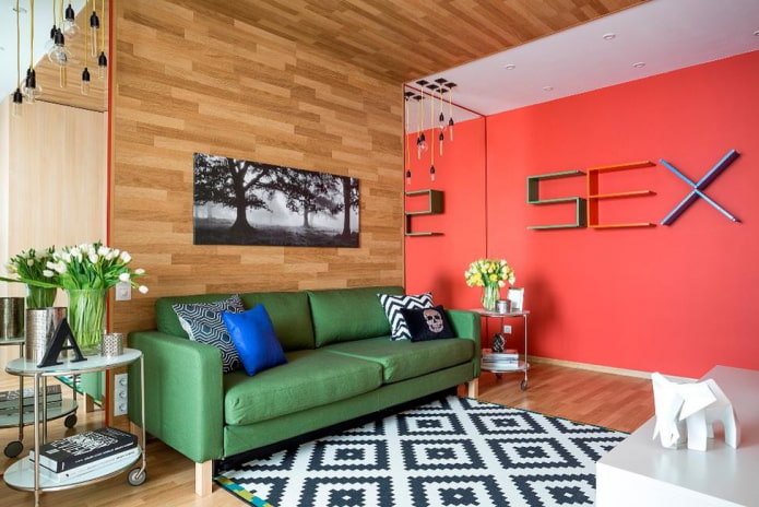 straight green sofa in the interior