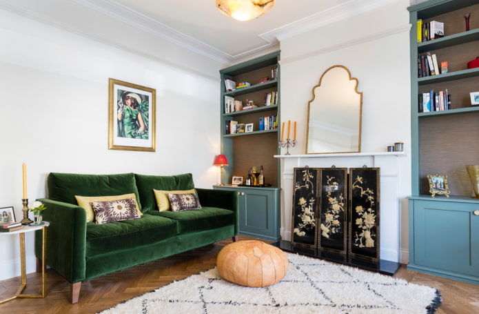 green sofa in the living room interior