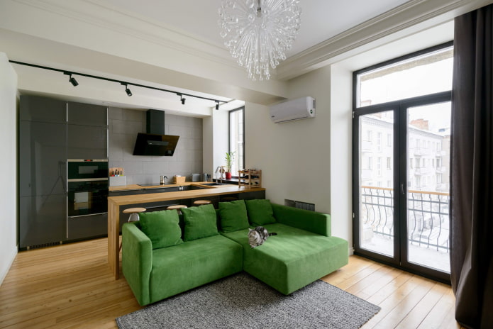 green sofa in the kitchen-living room interior