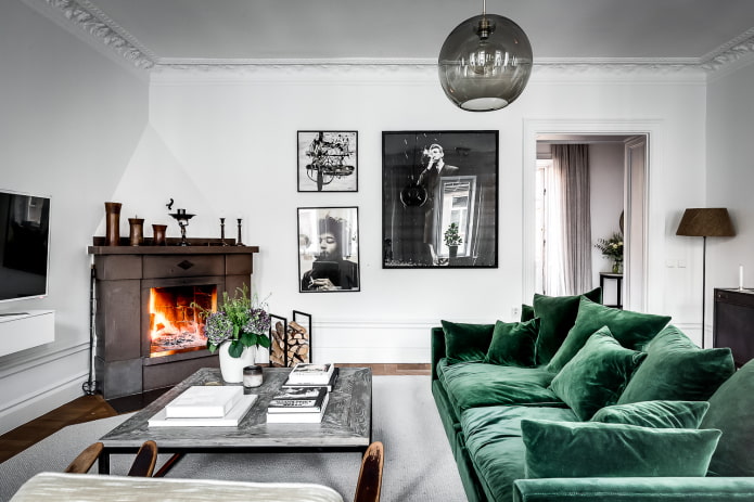 green sofa in Scandinavian style