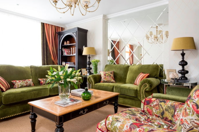 swamp-colored sofa in the interior