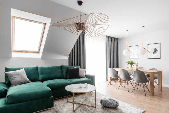 blue-green sofa in the interior