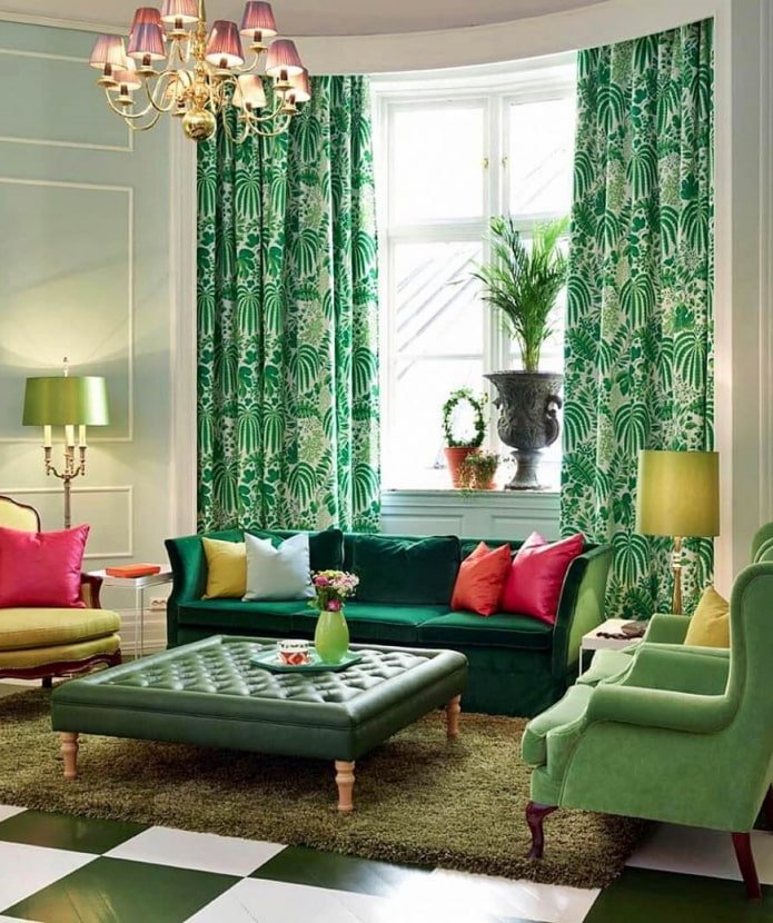 green sofa in combination with curtains